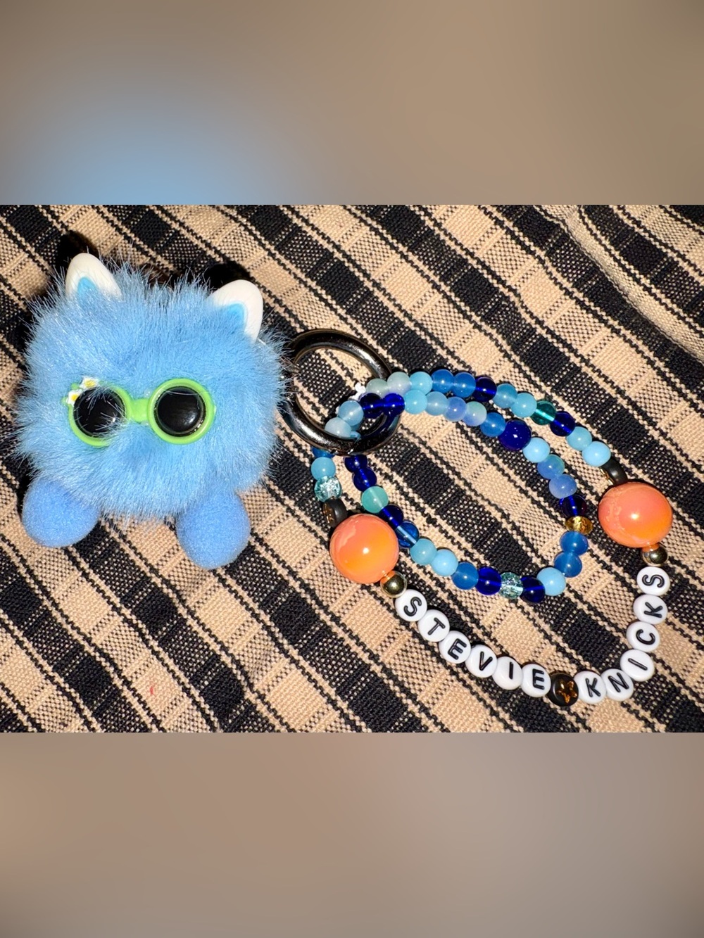 Personalized New York Knicks Keychain - 'Stevie Knicks” with blue Pom bag charm